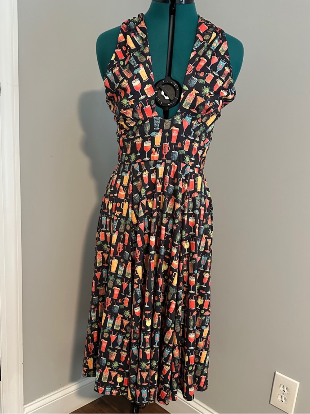 Black Midi Dress with Colorful Cocktail Print